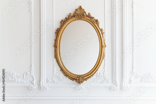 Elegant Ornate Gold Mirror on White Wall with Moldings - A classic, ornate gold mirror hangs against a pristine white wall with decorative moldings, symbolizing elegance, reflection, luxury, timelessn