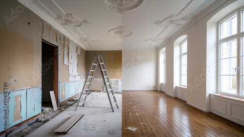 An empty room before and after restoration, image for interior, and home reconstruction company