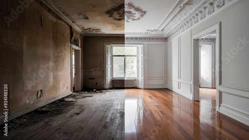 An empty room before and after restoration, image for interior, and home reconstruction company