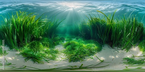 An immersive 360-degree equirectangular panorama of a serene seagrass meadow, with sunlight filtering through the swaying blades of