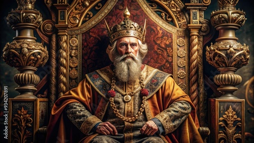 Regal monarch with flowing beard and ornate crown sits on throne, surrounded by lavish tapestries and ornamental symbols of power and authority in ancient kingdom.