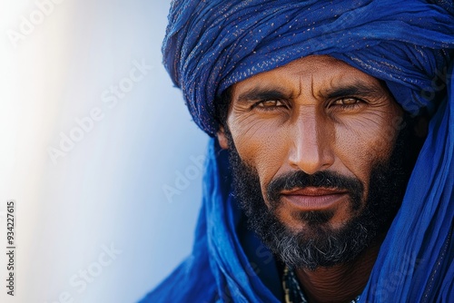 Adult Tuareg man in authentic national blue clothes. Background with selective focus. human enhanced, Generative AI