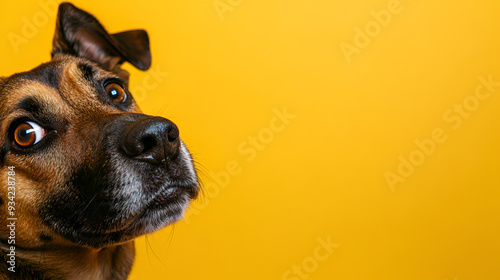 un fondo amarillo liso con un perro volteando jugueton divertido y curioso lealtad y amistad de los animales