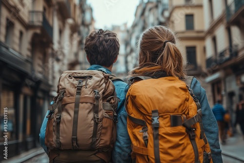 Travelers explore a picturesque street in a historic European city, carrying backpacks on a cloudy day