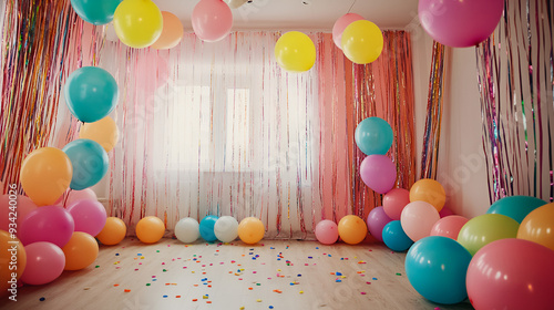 cuarto o habitacion con decoracion con globos de colores y serpentinas con confeti y fondo divertido para festejo o cumpleaños