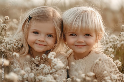 adorable blonde kids playing in field, Generative AI