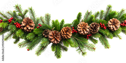 Decorative garland with pine cones and red berries arranged on a festive background, ideal for holiday celebrations and winter season decor isolated on transparent background