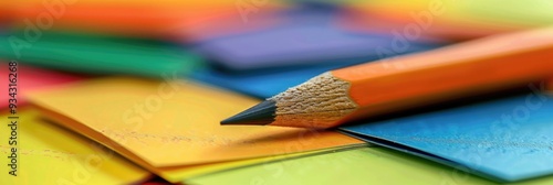 Close-up of a student's pencil resting on a vibrant collection of flashcards