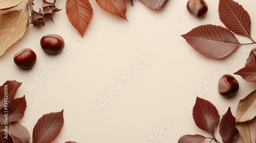 Background of autumn brown leaves and chestnuts, in a flat frame with space for text