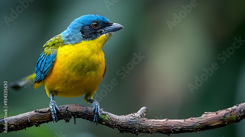 Amazon Blue-backed Manakin perched on a branch, its vibrant plumage and distinctive color visible