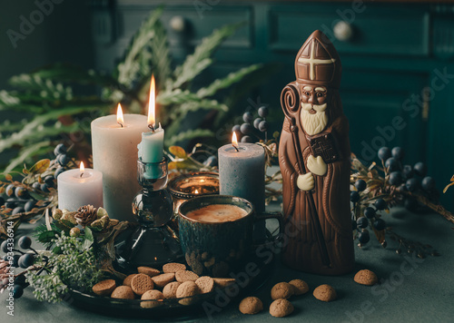 Saint Nicholas chocolate and cup of coffee