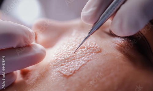 Close-up of a medical professional using tweezers to apply and adjust a small patch of artificial skin on a patient’s wound.