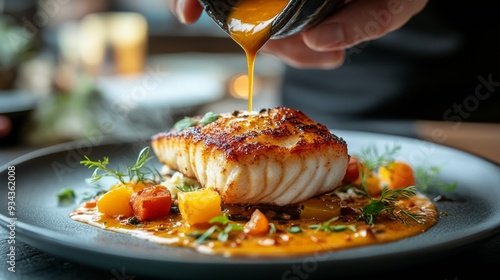 Chef drizzling sauce over a beautifully plated fish dish in a fine dining restaurant