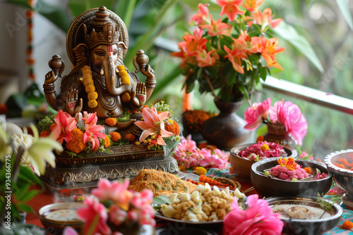 Bronze statuette of Ganesh deity surrounded by bowls with offerings spices flowers. Traditional setup for indian new year Navreh celebration. Spiritual arrangement on wooden surface, religious customs