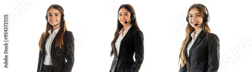 set of happy young woman call center Wearing Headset and suits isolated on transparent background