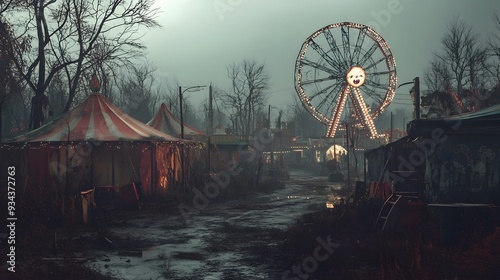 Sinister clown in an abandoned carnival with a dilapidated ferris wheel at dusk