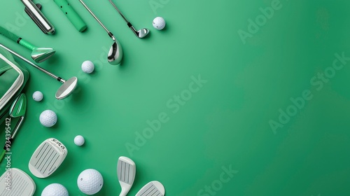 A close-up of golf clubs and balls on a green background. There are 7 golf balls, 6 golf clubs, and a golf bag. The clubs are mostly silver, and the balls are white. The background is a solid green.