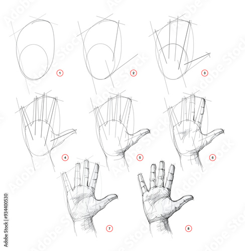 Page shows how to learn to draw sketch of a human hand from life. Pencil drawing lessons. Educational tutorial for artists. Development of artistic skills. Hand drawn vector.