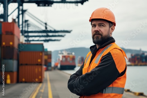 A bearded dock worker stands confidently at a shipping port, with containers and cranes in the background.