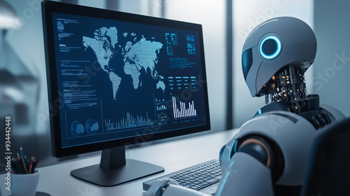 Robot analyzing global data on a computer screen, representing AI and international analytics.