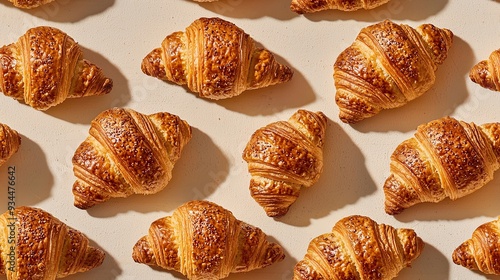 Freshly Baked Golden Brown Croissants Arranged on a Light Surface, Showcasing Their Flaky Texture