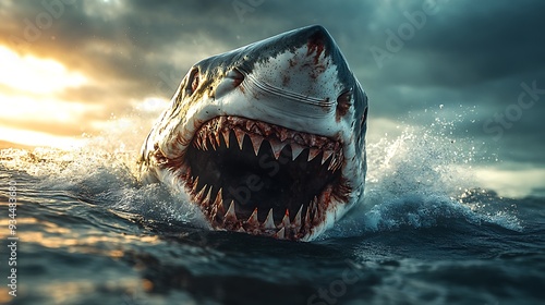 Great white shark with open mouth and sharp teeth emerges from the water with a cloudy sky behind.