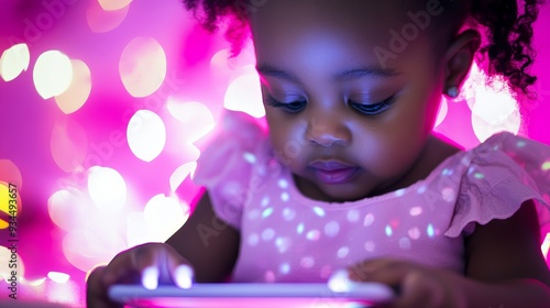 Black child using smart tablet. A happy black girl playing on the iPad. Toddler using AI technology on a computer. Blue light from the screen.