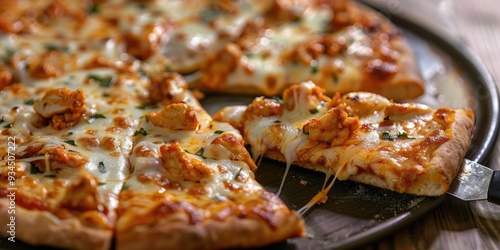 Boneless buffalo chicken pizza with cheese on a base served with a spatula held slice