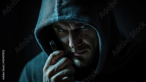 male scammer in hoodie talking on phone on dark background, man, criminal, thief, bandit, killer, fraud, deception, scam, eyes, face, angry, cunning, evil, smirk, portrait, emotion, person, people