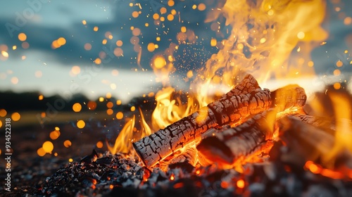 High-resolution shot of a fire pit with crackling coals, showcasing the vibrant flames and glowing embers creating a warm and dynamic scene