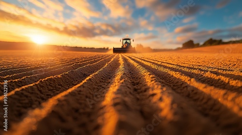 Detailed view of a wheat field being plowed from a low perspective, emphasizing the intricate patterns of the furrows and the rich texture of the soil. 