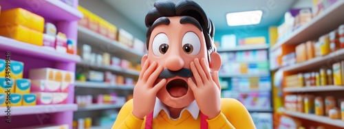 Surprised 3D cartoon man with mustache at a colorful pharmacy peeking through fingers and covering his face in embarrassment