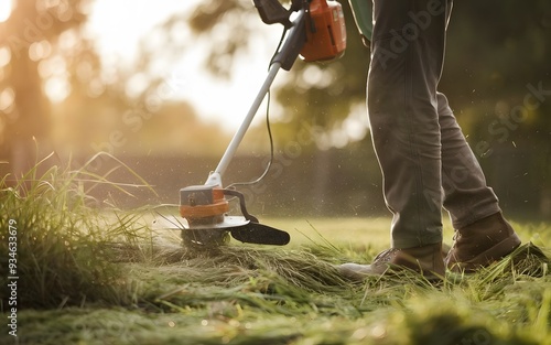 Man Using Electric Trimmer for Lawn Care on Sunny Day