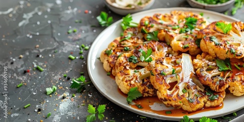 Vegetarian dish of cauliflower steaks with sauce on a white plate selective focus