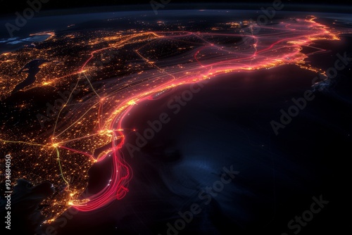 Aerial view of the East Coast illuminated at night with glowing light trails highlighting transportation routes