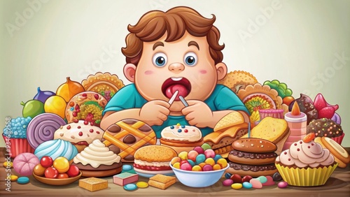 Cartoon of a glutton with a sweet tooth indulging in a variety of sugary treats, glutton, eats a lot, sweet tooth, indulging