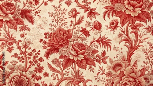 Vintage French Floral Toile Red pattern with intricate floral motifs and scenic designs, French, vintage, floral, toile