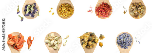 Different types of Herbal natural floral tea in wooden spoon on white background. Dried herbal Tea ingredients, herbal teas and flower tea concept