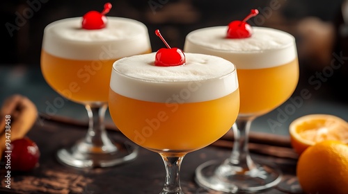 An orange creamsicle cocktail garnished with maraschino cherries, offering a sweet and refreshing twist on a classic.