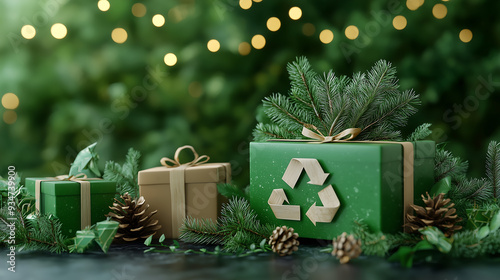 A green holiday gift box featuring the recycling symbol, surrounded by pine branches and sustainable package