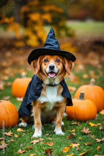 Cute dog wearing halloween witch costume, standing outdoors with pumpkins arround.