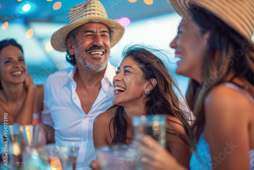 Joyful multicultural group of older adults enjoying a festive celebration with drinks on a boat, embodying leisure and happiness