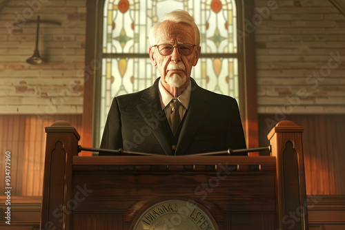 Man in a suit standing at a wooden lectern in a church, giving a speech. Brown dominant colors.