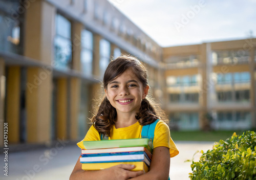 garota estudante branca sorridente de cabelos castanhos com camiseta amarela segurando livros na escola