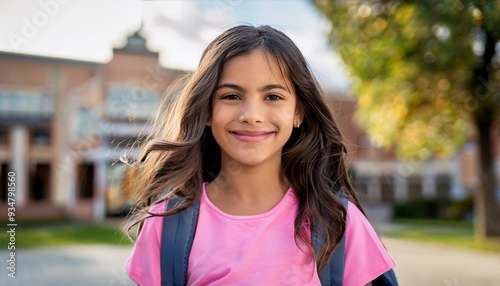 menina morena aluna garota estudante de camiseta rosa sorridente segurando livros na escola