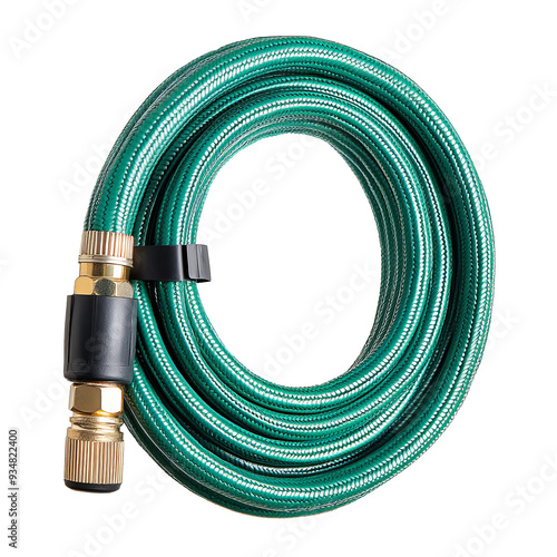 A green garden hose coiled in a circle, secured with a black tie.