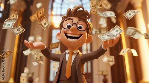 A cartoon man is throwing money in the air