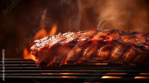 Juicy ribs are sizzling on a grill, absorbing the warm glow of the golden hour, creating an enticing atmosphere perfect for outdoor dining and gatherings