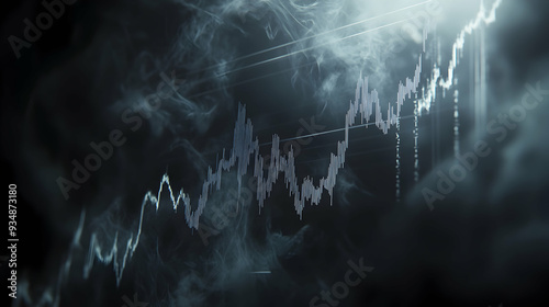 A dark and enigmatic stock market graph displayed on a shadowy screen, with jagged, unpredictable lines that suggest volatility and danger