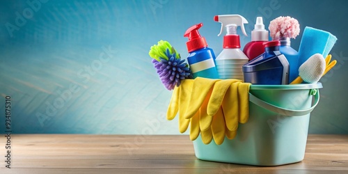 A bucket filled with cleaning products, tools, gloves, and a towel for comprehensive cleaning tasks